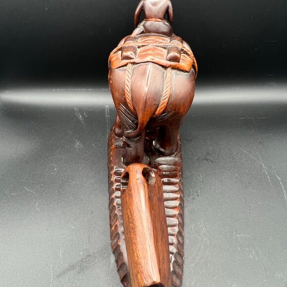 Vintage 1950s Wooden Hand-Carved Man on an Elephant Pulling a Log Figurine - Picture 4 of 6